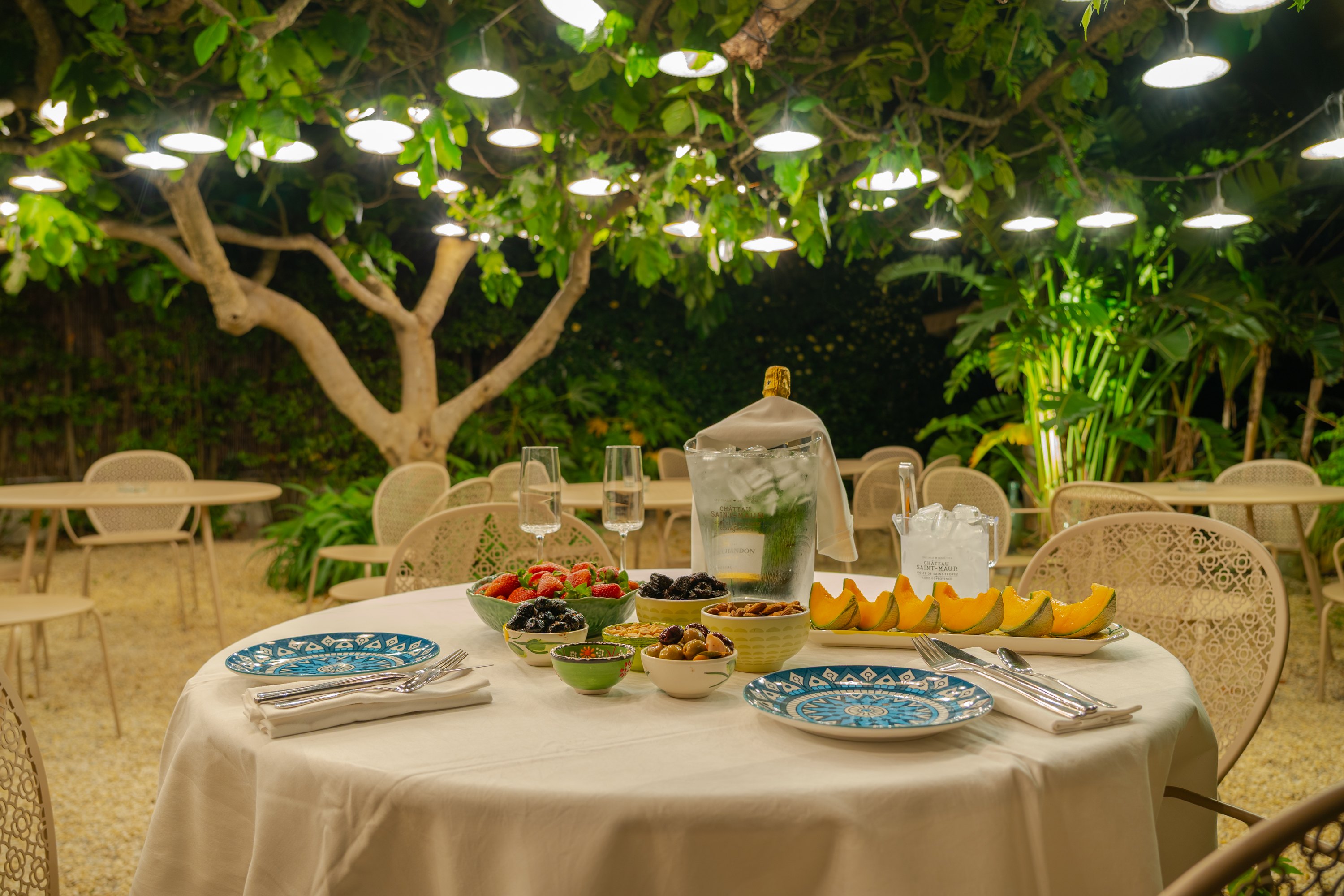 Illuminated evening courtyard